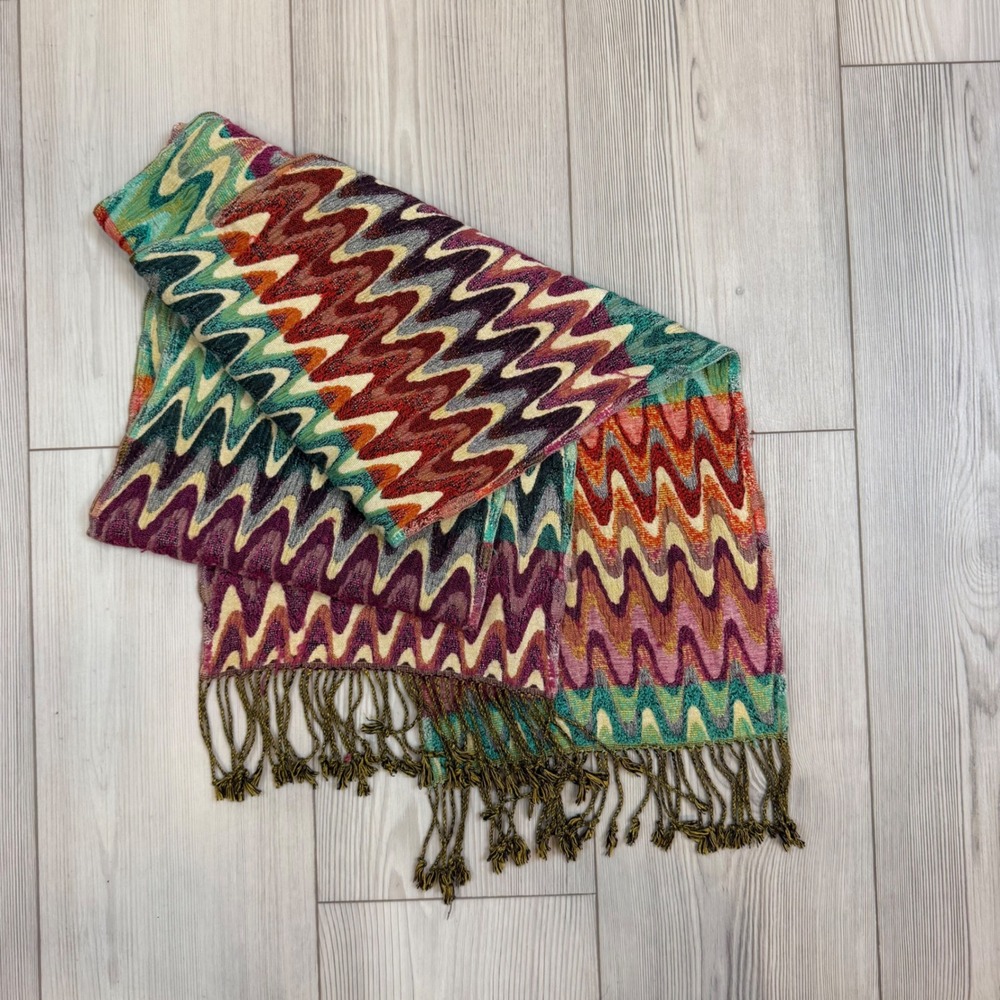 Tolani Multi Color Zigzag Chevron Viscose Scarf with Fringe Bohemian Wrap
